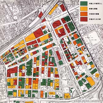 図5.現・三宮中央通り付近おける阪神・淡路大震災の被害状況 (街の復興カルテ 平成8年度版より抜粋・再構成)