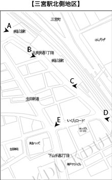 図2　調査地区における照明空間の物理量測定地点