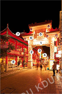 図3-4　調査地区の夜間景観写真と輝度測定ポイント(南京町)　南京町地区A