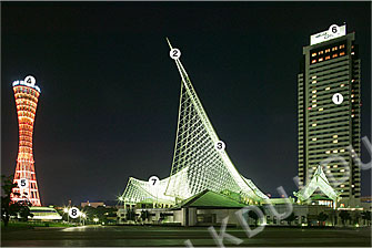 図3-5　調査地区の夜間景観写真と輝度測定ポイント(メリケンパーク)　メリケンパーク地区B