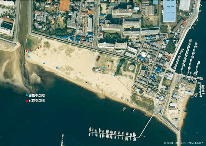 図13　御前浜における好きな場所のプロット結果「国土画像情報(カラー空中写真)閲覧機能よりベースマップとして掲載(昭和60年撮影)」