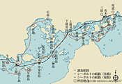 図6　第3回調査ルートマップおよびシーボルトが通った航路(作成:齊木崇人、宮代隆司、木下怜子)