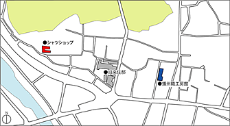 図4　旧来住邸と播州織工房館およびシャツショップの位置　