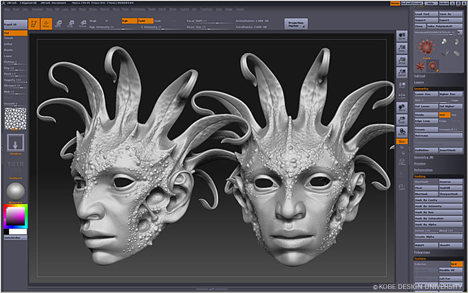 図11　ZBrushのインターフェイス。ペイント系ソフトと同じような感覚で3Dオブジェクトを扱うことが可能。直感的操作が可能であるがゆえに基礎造形力が問われる。