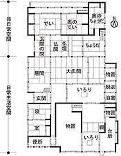 図1　和田家の一階の間取り図(『昭和49年度白川村荻町伝統的建造物群保存地区調査報告書』所載の図をもとに作成)