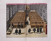 図―1：ライデン大学図書館。鎖付きの書架から書物を取り出してその場で立ち読みする閲覧方法が描かれている。なお、書架の配置は「ストールシステム」である。(University Library Leiden in 1610 from Woudanus in Stedeboeck der Nederlanden, Amsterdam: Willem Blaeu, 1649)